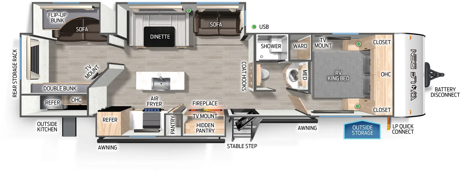 The Wolf Den 304SR floorplan has one entry and two slide outs. Exterior features include: metal exterior and outside kitchen. Interiors features include: bunk beds, kitchen island, u-dinette and front bedroom.